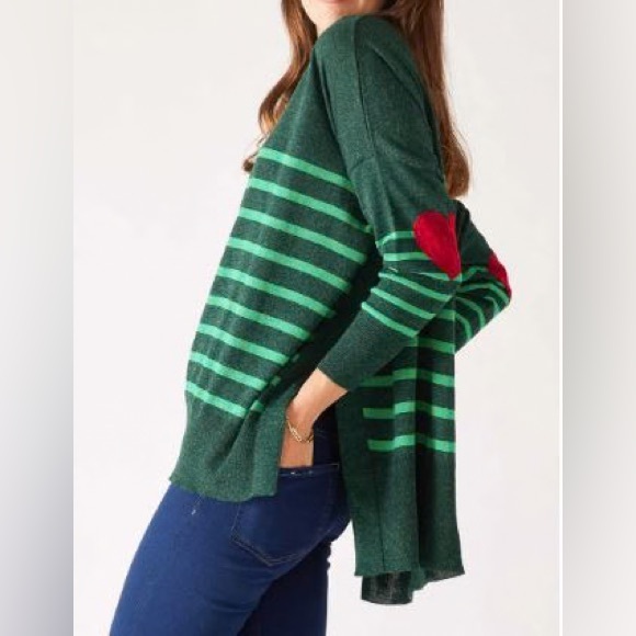Mersea Sweaters - Mersea The Amour Green Striped Sweater with Red Heart Patch OS
